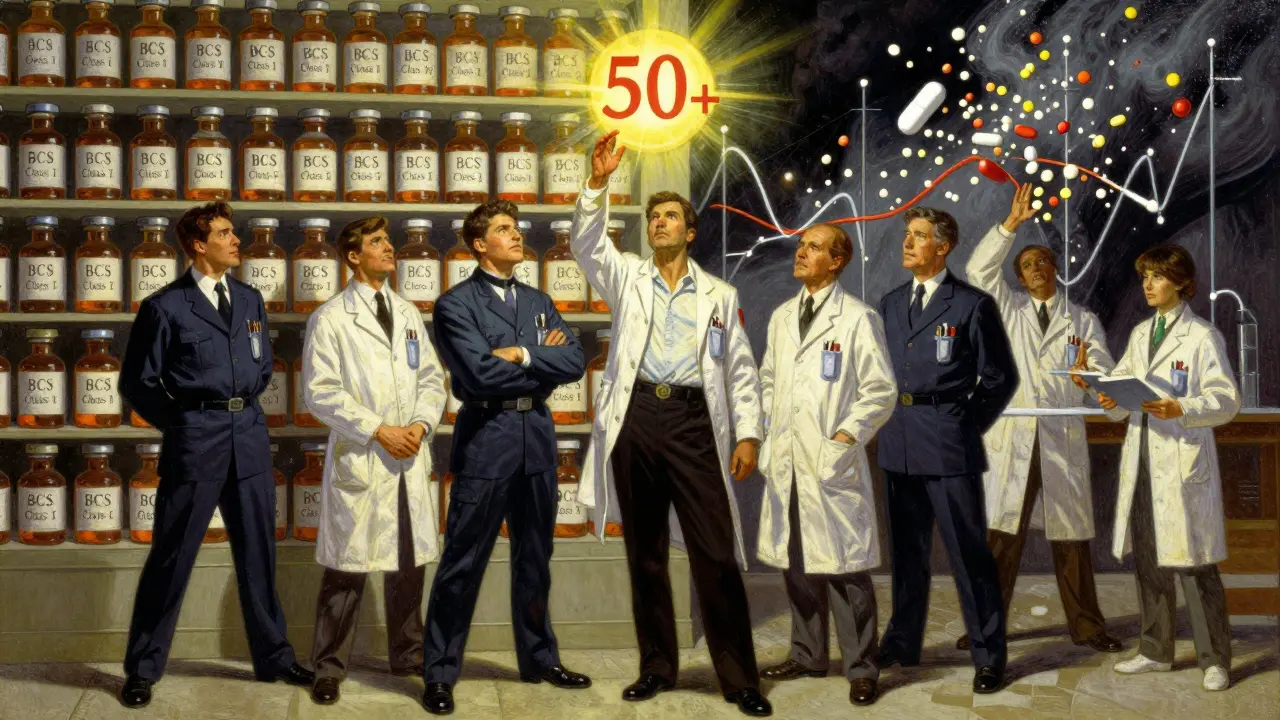 FDA team stands before wall of drug vials as glowing f2 score shines above them.