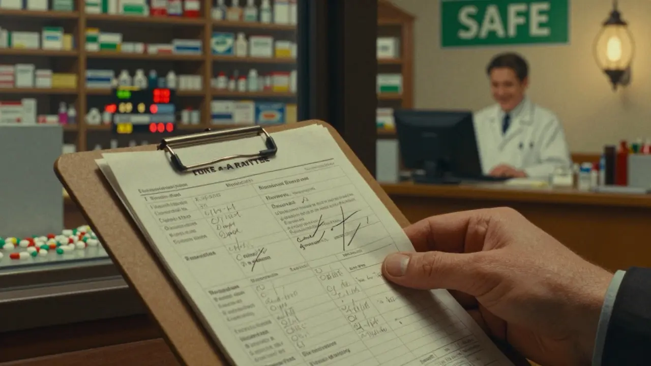 Hand placing a medication list into a pharmacist's file, showing chaotic vs. organized medication systems in split view.