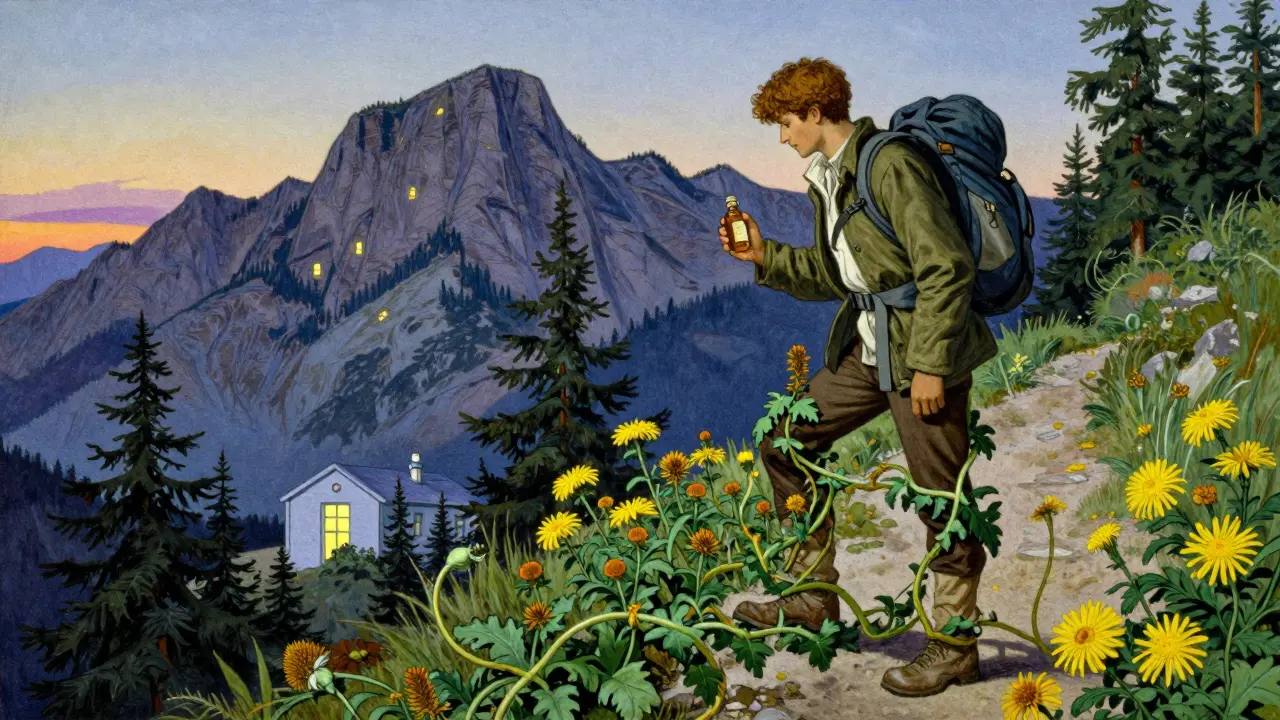 Hiker holding echinacea as toxic vines wrap around legs, distant hospital visible.