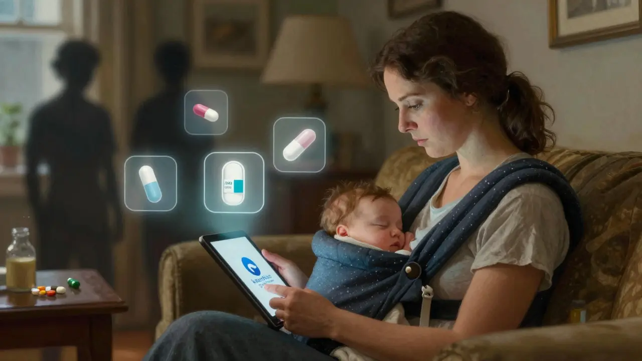 Mother consulting a trusted medical resource while baby sleeps, safe medications glowing beside her.