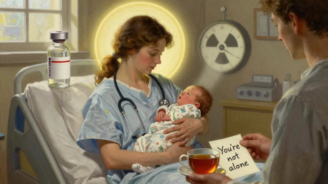 Mother holding newborn with medical symbols around her, conveying cautious hope during medication use.