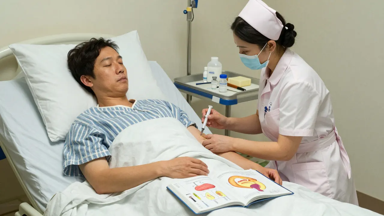 Nurse giving an octreotide injection to a cancer patient, with medical tools and visual guide on the bedside table.