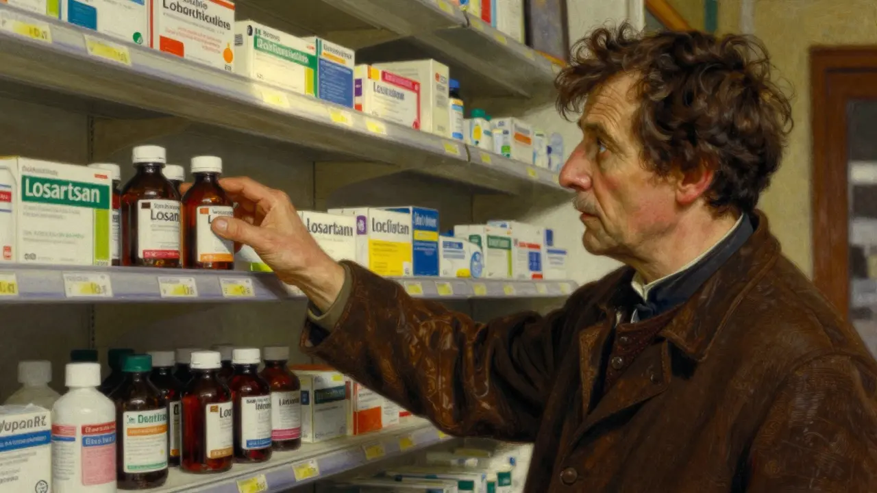 Patient choosing losartan over hydrochlorothiazide at pharmacy shelf