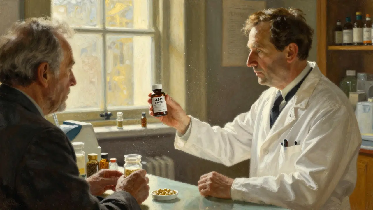 Pharmacist showing certified supplement to man with unlabeled capsules on counter.