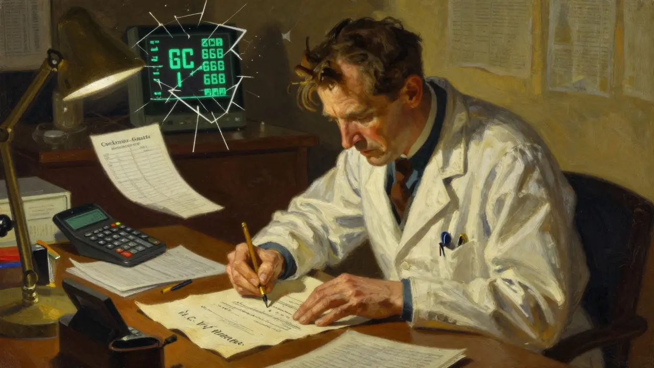 Physician calculating Cockcroft-Gault formula on paper as eGFR readout breaks apart.