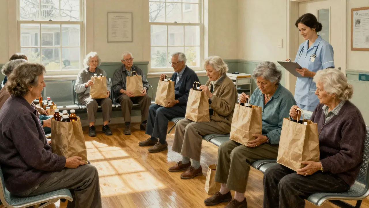 Seniors in a clinic waiting room holding brown paper bags, each representing their personal medication journey.