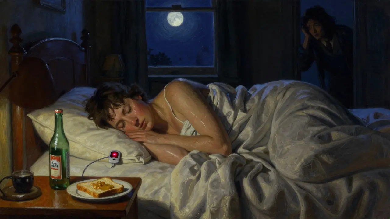 Someone sleeps peacefully at night as a glucose monitor alarms beside a half-drunk seltzer and a snack.