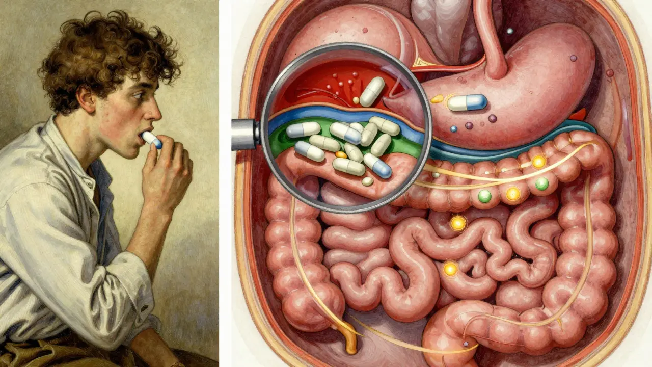 Split illustration shows patient swallowing pill and magnified dissolution in digestive tract.