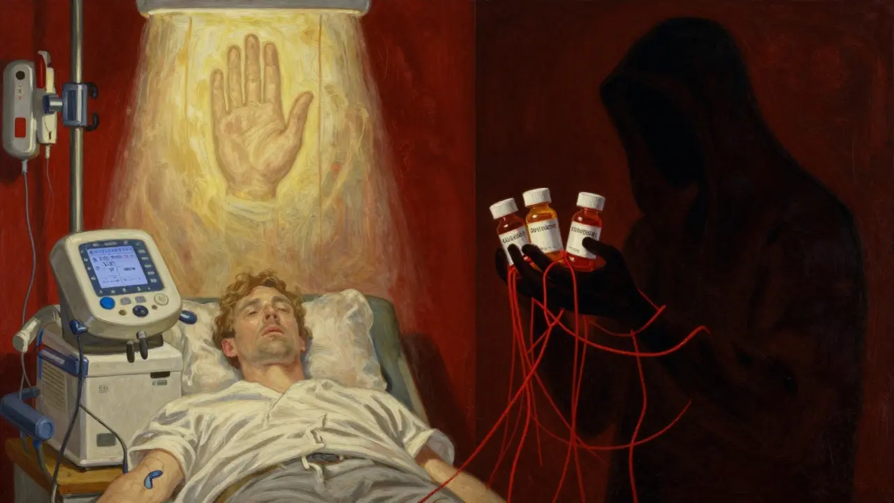 Split scene: dialysis patient safely on apixaban vs. shadowy warfarin risks with bleeding threads.
