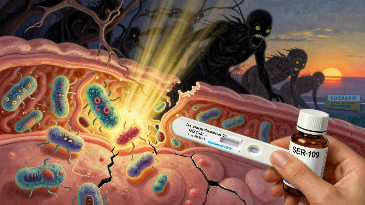 Symbolic repair of gut lining by beneficial bacteria, with genetic test and microbiome therapy pill in foreground.