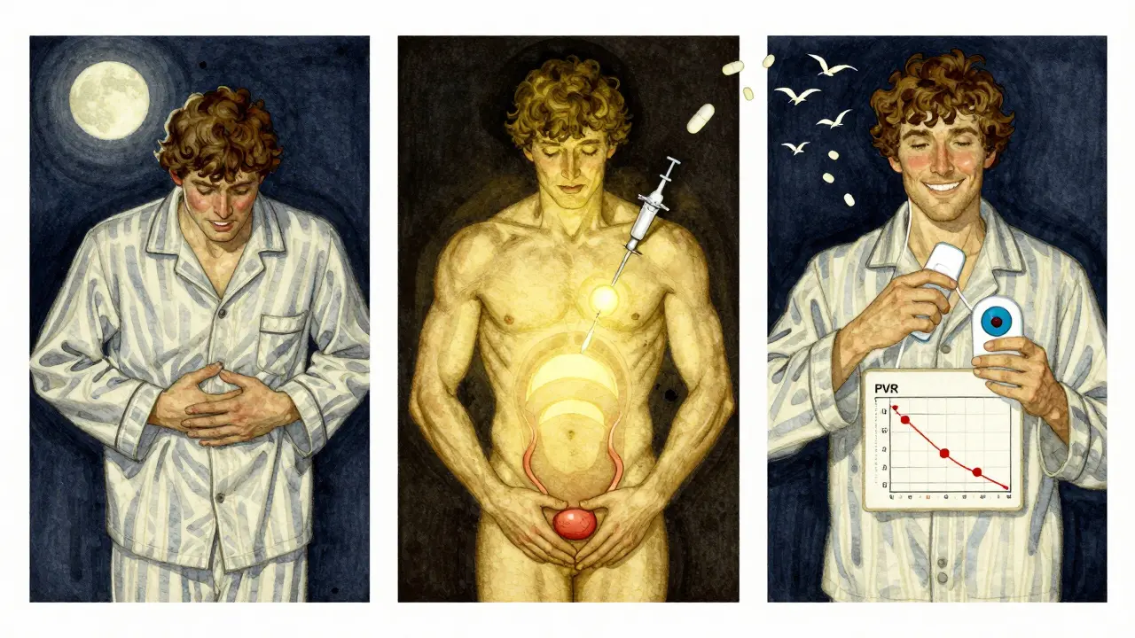 Triptych showing urinary retention, Botox treatment, and safe monitoring with a home scanner.
