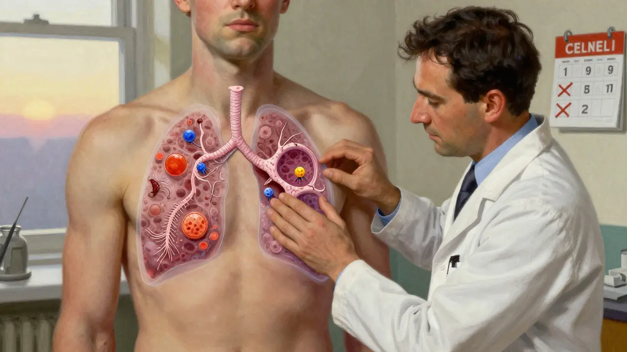 A doctor examining a patient as microscopic lung damage is revealed, with light suggesting hope after quitting.