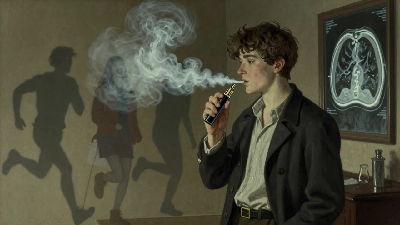 A young person vaping as fading memories of healthy activity disappear around them, symbolizing lung damage.
