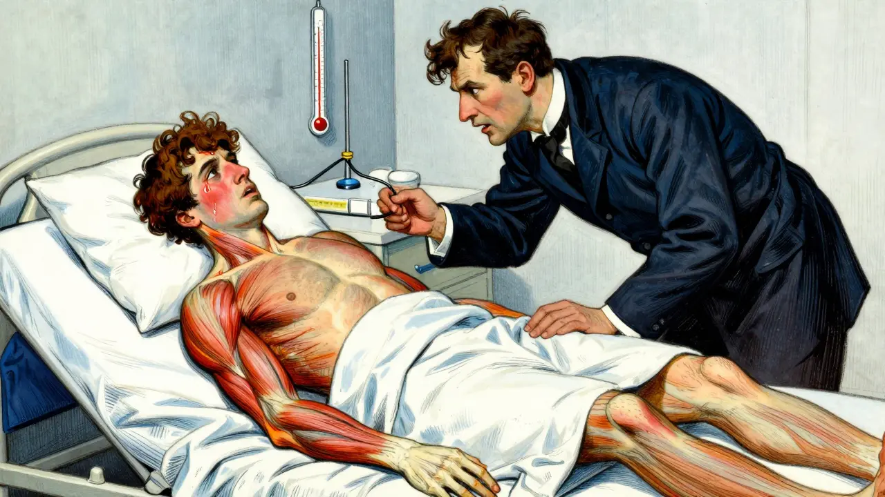 Doctor examining patient showing muscle tremors and fever in historical hospital.