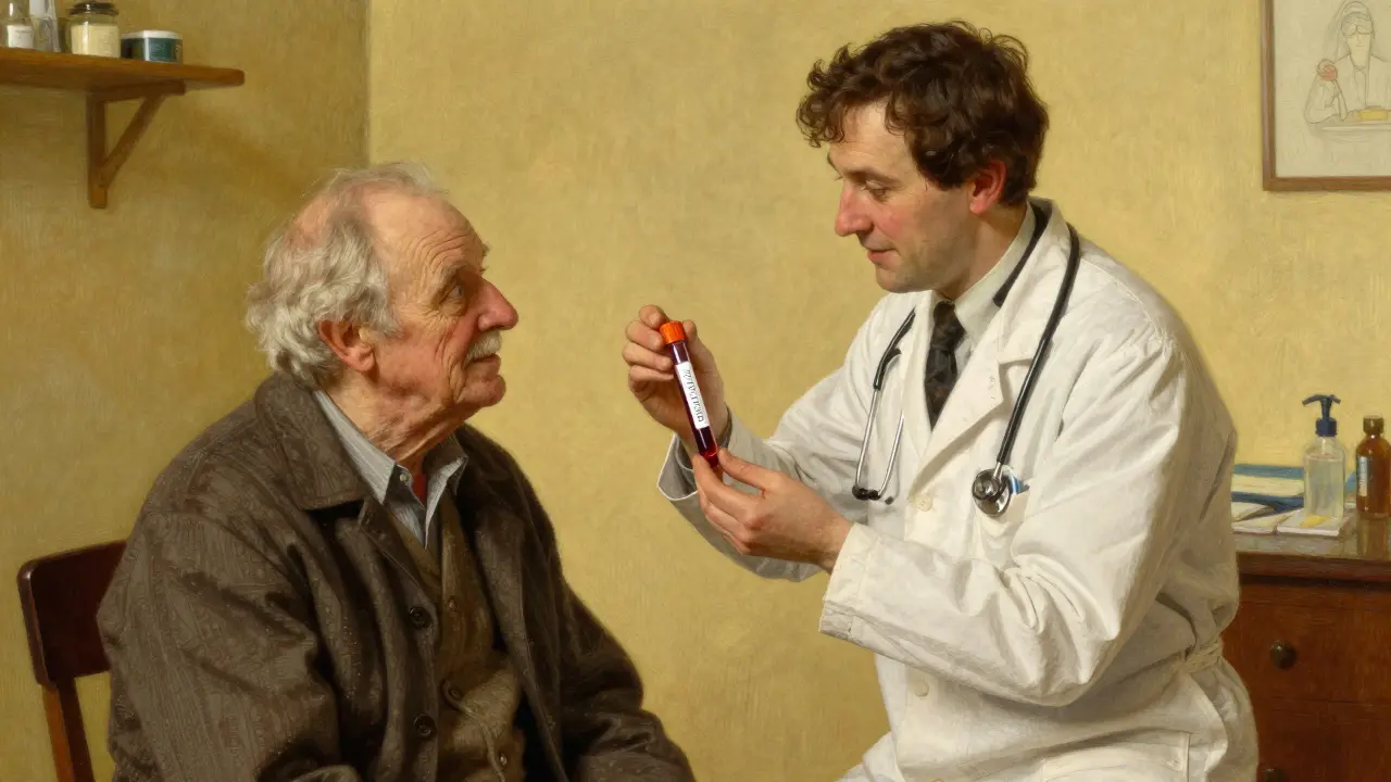 Doctor holding a blood vial next to an elderly patient, representing careful medical monitoring