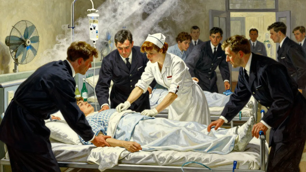 Medical team rushing to treat patient with IV and cooling in dramatic hospital scene.