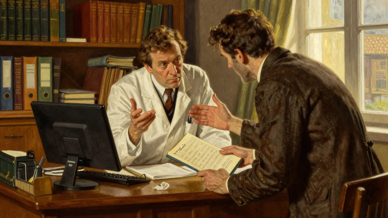 Patient discussing symptoms with doctor using a logbook, dramatic lighting