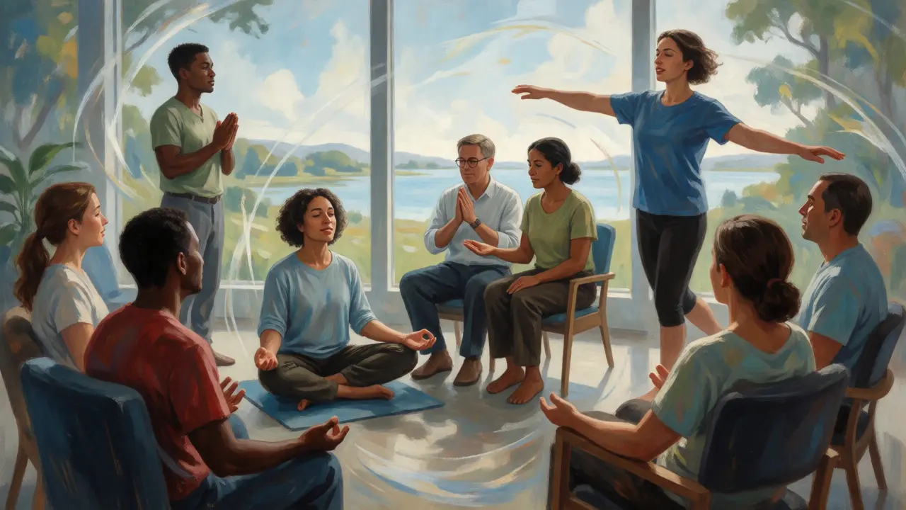 Illustration of a group in a therapy session practicing mindfulness and balance in a bright room.