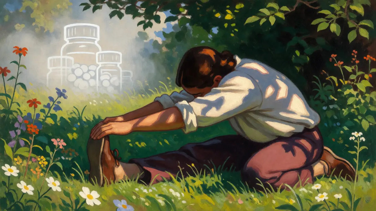 Illustration of someone stretching outdoors in a sunny garden, symbolizing exercise as medicine.